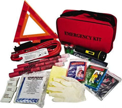 ORION Safety - 79 Piece, Emergency Roadside Safety Kit - Emergency Flares, Reflective Triangle, Flashlight, Batteries, Lightstick, Vest, Poncho, Shop Cloth, Jumper Cable, Multi-Tool, Thermal Blanket, Toweletes & First Aid Supplies - Caliber Tooling