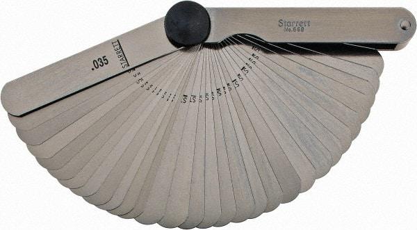 Starrett - 31 Piece, 0.0015 to 0.035" Thick, Parallel Feeler Gage Set - 3-1/32" Leaf Length, 1/2" Wide, Tempered Steel - Caliber Tooling