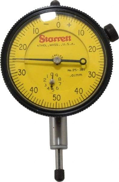 Starrett - 10mm Range, 0-50-0 Dial Reading, 0.01mm Graduation Dial Drop Indicator - 2-1/4" Dial, 1mm Range per Revolution - Caliber Tooling