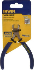 Irwin - 4-1/2" OAL, 18 AWG Capacity, Semi-Flush End Cutting Pliers - 13/16" Jaw Length x 9/16" Jaw Width, Dipped Vinyl Handle - Caliber Tooling