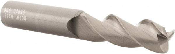 SGS - 3/8", 3 Flute, Single End, Solid Carbide, 0.06" Corner Radius End Mill - 2-1/2" OAL, 38° Helix, Right Hand Flute, 1" LOC, Right Hand Cut - Caliber Tooling