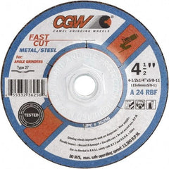 Camel Grinding Wheels - 24 Grit, 5" Wheel Diam, 1/4" Wheel Thickness, Type 27 Depressed Center Wheel - Coarse Grade, Aluminum Oxide, Resinoid Bond, 12,250 Max RPM - Caliber Tooling