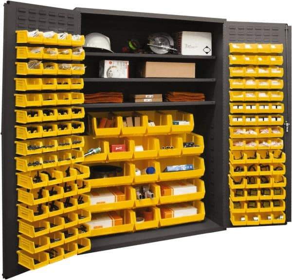 Durham - 3 Shelf 138 Bin Storage Cabinet - Steel, 48" Wide x 24" Deep x 72" High, Yellow - Caliber Tooling