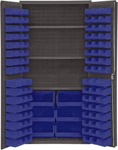 Durham - 3 Shelf 102 Bin Storage Cabinet - Steel, 36" Wide x 24" Deep x 72" High, Blue - Caliber Tooling