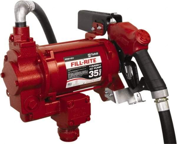 Tuthill - 35 GPM, 1" Hose Diam, Gasoline, Kerosene & Diesel Fuel AC High Flow Tank Pump with Auto Nozzle - Cast Iron Pump, 1-1/4" Inlet, 1" Outlet, 115/230 Volts, 18' Hose Length, 3/4 hp - Caliber Tooling