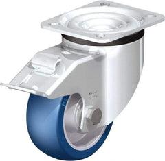 Blickle - 4" Diam x 1-37/64" Wide x 5-7/64" OAH Top Plate Mount Swivel Caster with Brake - Polyurethane-Elastomer Blickle Besthane, 660 Lb Capacity, Ball Bearing, 3-15/16 x 3-3/8" Plate - Caliber Tooling