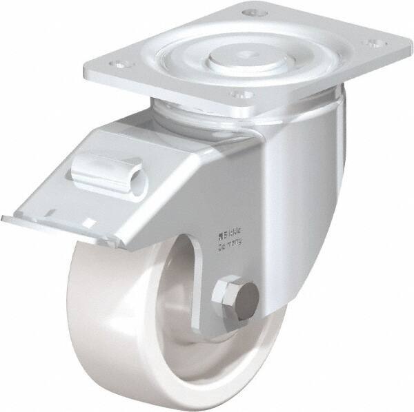 Blickle - 5" Diam x 1-31/32" Wide x 6-11/16" OAH Top Plate Mount Swivel Caster with Brake - Impact-Resistant Nylon, 1,650 Lb Capacity, Plain Bore Bearing, 5-1/2 x 4-3/8" Plate - Caliber Tooling