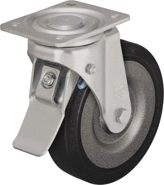 Blickle - 8" Diam x 1-31/32" Wide x 9-41/64" OAH Top Plate Mount Swivel Caster with Brake - Solid Rubber, 1,320 Lb Capacity, Ball Bearing, 5-1/2 x 4-3/8" Plate - Caliber Tooling