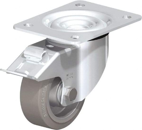 Blickle - 4" Diam x 1-37/64" Wide x 5-7/64" OAH Top Plate Mount Swivel Caster with Brake - Solid Rubber, 440 Lb Capacity, Ball Bearing, 5-1/2 x 4-3/8" Plate - Caliber Tooling