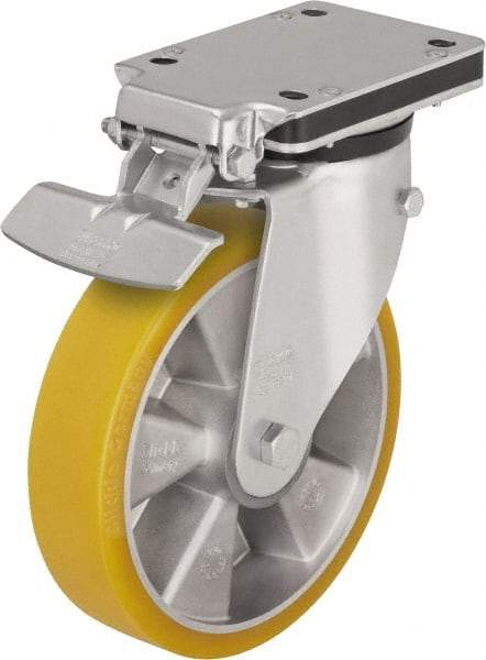 Blickle - 5" Diam x 1-9/16" Wide x 6-49/64" OAH Top Plate Mount Swivel Caster with Brake - Polyurethane-Elastomer Blickle Extrathane, 770 Lb Capacity, Ball Bearing, 5-1/2 x 4-3/8" Plate - Caliber Tooling