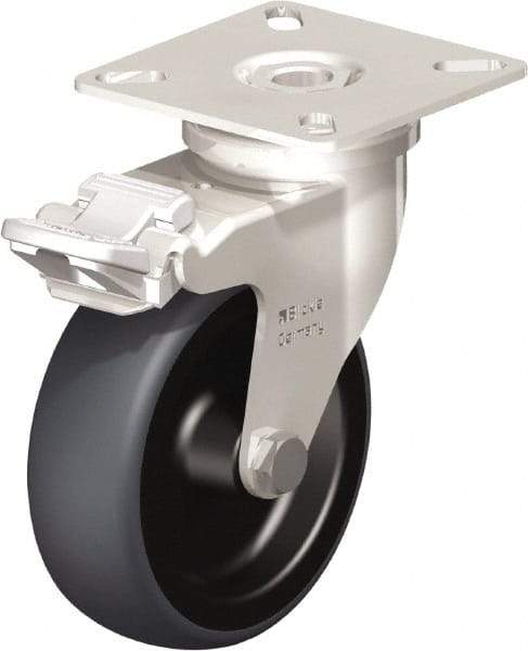 Blickle - 3" Diam x 63/64" Wide x 3-15/16" OAH Top Plate Mount Swivel Caster with Brake - Thermoplastic Rubber Elastomer (TPE), 165 Lb Capacity, Plain Bore Bearing, 2-3/8 x 2-3/8" Plate - Caliber Tooling