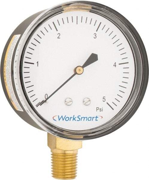 Value Collection - 2-1/2" Dial, 1/4 Thread, 0-5 Scale Range, Pressure Gauge - Lower Connection Mount, Accurate to 1.5% of Scale - Caliber Tooling