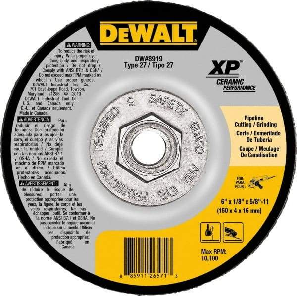 DeWALT - 24 Grit, 6" Wheel Diam, Type 27 Depressed Center Wheel - Coarse/Medium Grade, Ceramic, N Hardness, 10,100 Max RPM - Caliber Tooling