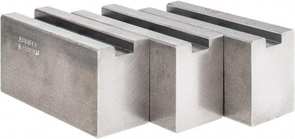 Abbott Workholding Products - 1.5mm x 60° Serrated Attachment, Square Soft Lathe Chuck Jaw - 3 Jaws, Steel, 63/64" Btw Mount Hole Ctrs, 4" Long x 1-1/2" Wide x 2" High, 0.5512" Groove, 0.4724" & 12mm Fastener - Caliber Tooling