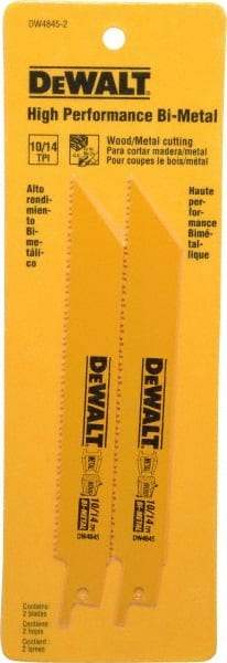 DeWALT - 6" Long x 3/4" Thick, Bi-Metal Reciprocating Saw Blade - Straight Profile, 10 to 14 TPI, Toothed Edge, Universal Shank - Caliber Tooling