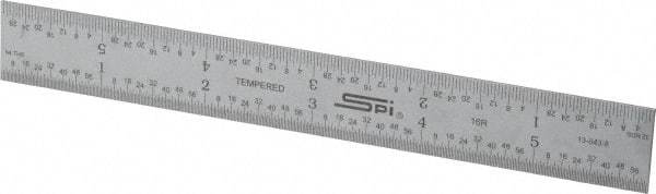 SPI - 6" Long, 1/100, 1/64, 1/50, 1/32" Graduation, Rigid Steel Rule - 16R Graduation Style, 3/4" Wide, Silver, Satin Chrome Finish - Caliber Tooling