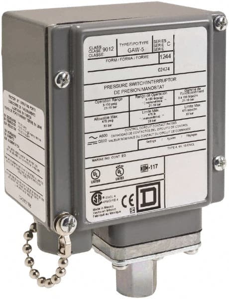 Square D - 4, 13 and 4X NEMA Rated, SPDT, 20 to 1,000 psi, Electromechanical Pressure and Level Switch - Exact Industrial Supply