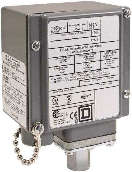 Square D - 4, 13 and 4X NEMA Rated, SPDT, 90 to 2,900 psi, Electromechanical Pressure and Level Switch - Fixed Pressure, 120 VAC at 6 Amp, 125 VDC at 0.22 Amp, 240 VAC at 3 Amp, 250 VDC at 0.27 Amp, 0.44 Inch Connector, Screw Terminal, For Use with 9012G - Caliber Tooling