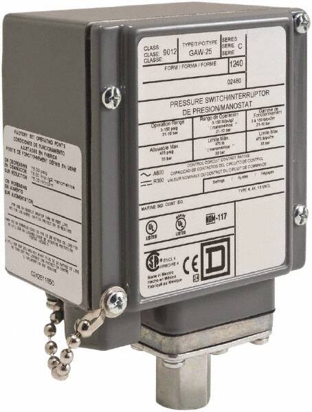 Square D - 4, 13 and 4X NEMA Rated, DPDT, 170 to 5,600 psi, Electromechanical Pressure and Level Switch - Exact Industrial Supply