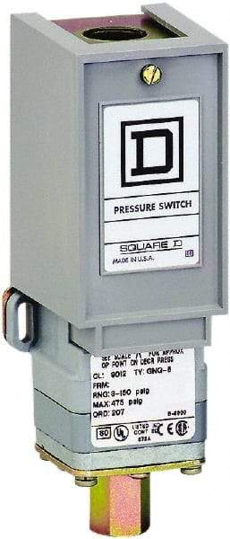 Square D - 1 NEMA Rated, SPDT, 1.5 to 75 psi, Electromechanical Pressure and Level Switch - Fixed Pressure, 120 VAC at 6 Amp, 125 VDC at 0.22 Amp, 240 VAC at 3 Amp, 250 VDC at 0.27 Amp, 1/4 Inch Connector, Screw Terminal, For Use with 9012G - Caliber Tooling