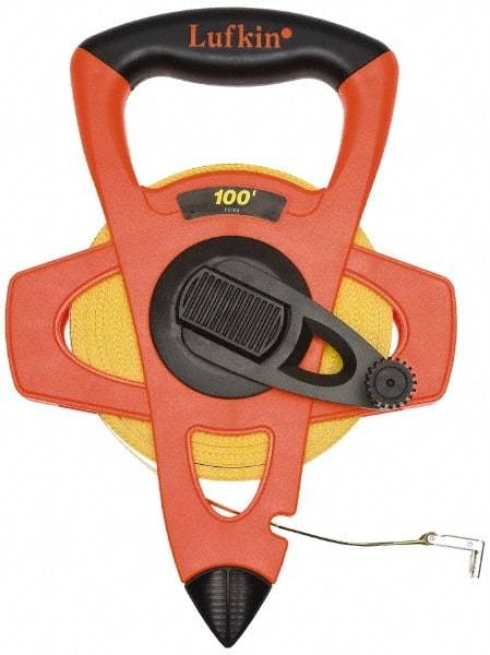 Lufkin - 150' x 1/2" Yellow Blade Tape Measure - 1/100 & 1/10' Graduation, C2 Graduation Style, Orange/Yellow/Black Case - Caliber Tooling