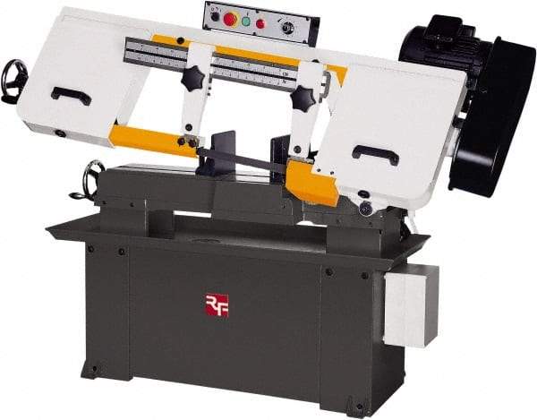 Rong Fu - 5 x 16" Max Capacity, Manual Step Pulley Horizontal Bandsaw - 114, 196, 288 & 377 SFPM Blade Speed, 110 Volts, 45°, 1.5 hp, 1 Phase - Caliber Tooling