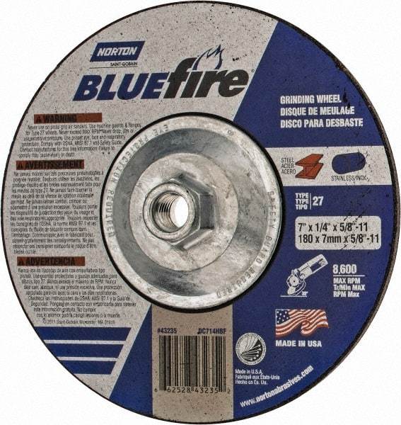 Norton - 24 Grit, 7" Wheel Diam, 1/4" Wheel Thickness, Type 27 Depressed Center Wheel - Zirconia Alumina, S Hardness, 8,600 Max RPM, Compatible with Angle Grinder - Caliber Tooling