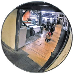 PRO-SAFE - Indoor Round Convex Safety, Traffic & Inspection Mirrors - Glass Lens, Laminated Hardboard Backing, 13" Diam x 1-1/8" High, 15' Max Covered Distance - Caliber Tooling