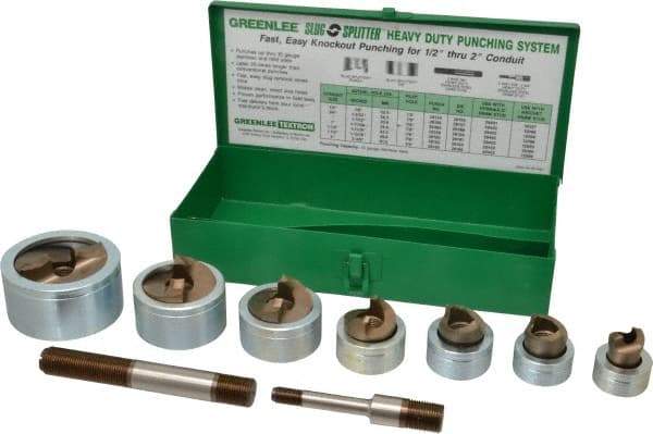 Greenlee - 17 Piece, 2" Punch Hole Diam, Hydraulic Knockout Set - Round Punch, 10 Gage Mild Steel - Caliber Tooling