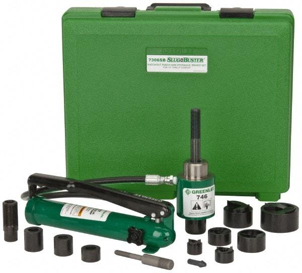Greenlee - 17 Piece, 2" Punch Hole Diam, Hydraulic Knockout Set - Round Punch, 10 Gage Mild Steel - Caliber Tooling