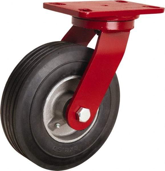 Hamilton - 8" Diam x 2" Wide, Rubber Swivel Caster - 500 Lb Capacity, Top Plate Mount, 4-1/2" x 6-1/2" Plate, Straight Roller Bearing - Caliber Tooling