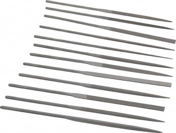 Grobet - 12 Piece Swiss Pattern File Set - 5-1/2" Long, 0 Coarseness, Set Includes Barrette, Crossing, Equalling, Half Round, Knife, Marking, Round, Round Edge Joint, Slitting, Square, Three Square, Warding - Caliber Tooling