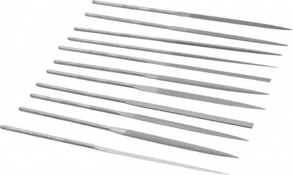 Grobet - 12 Piece Swiss Pattern File Set - 6-1/4" Long, 2 Coarseness, Set Includes Barrette, Crossing, Equalling, Half Round, Knife, Marking, Round, Round Edge Joint, Slitting, Square, Three Square, Warding - Caliber Tooling