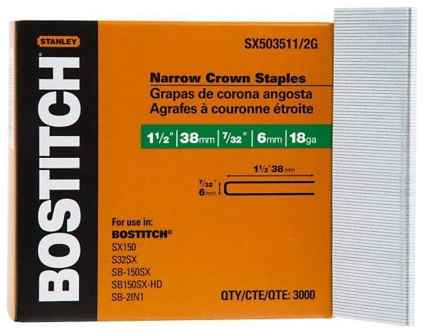 Stanley Bostitch - 1-1/2" Long x 7/32" Wide, 18 Gauge Crowned Construction Staple - Steel, Galvanized Finish - Caliber Tooling