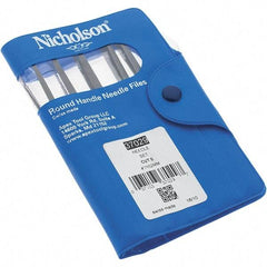 Nicholson - 12 Piece Swiss Pattern File Set - 4" Long, 0 Coarseness, Round Handle, Set Includes Barrette, Crossing, Equalling, Flat, Half Round, Knife, Round, Slitting, Square, Three Square - Caliber Tooling