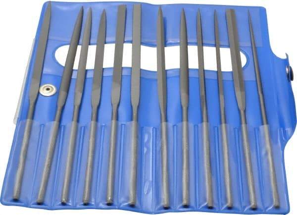 Nicholson - 12 Piece Swiss Pattern File Set - 6-1/4" Long, 2 Coarseness, Round Handle, Set Includes Barrette, Crossing, Equalling, Flat, Half Round, Knife, Round, Slitting, Square, Three Square - Caliber Tooling