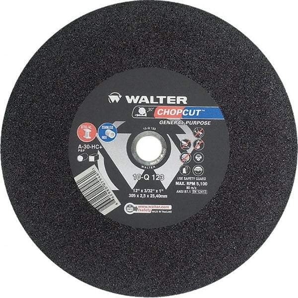 WALTER Surface Technologies - 12" 30 Grit Aluminum Oxide Cutoff Wheel - 3/32" Thick, 1" Arbor, 5,100 Max RPM, Use with Chop Saws - Caliber Tooling