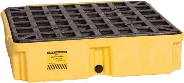 Eagle - 12 Gal Sump, 2,000 Lb Capacity, 1 Drum, Polyethylene Spill Deck or Pallet - 26-1/4" Long x 26" Wide x 6-1/2" High, Yellow, Drain Included, Low Profile, Vertical, Inline Drum Configuration - Caliber Tooling