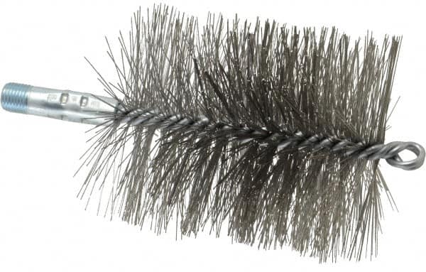 Schaefer Brush - 4-1/2" Brush Length, 3-3/4" Diam, Double Stem, Double Spiral Tube Brush - 7-1/4" Long, Stainless Steel, 1/4" NPSM Male Connection - Caliber Tooling