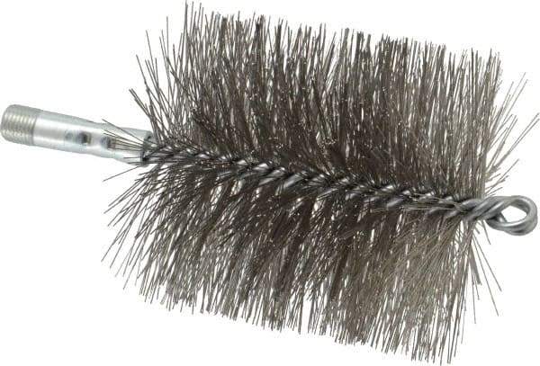 Schaefer Brush - 4-1/2" Brush Length, 4" Diam, Double Stem, Double Spiral Tube Brush - 7-1/4" Long, Stainless Steel, 1/4" NPSM Male Connection - Caliber Tooling