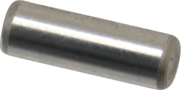 Made in USA - 1/8" Diam x 3/8" Pin Length Grade 8 Alloy Steel Standard Dowel Pin - Bright Finish, C 47-58 & C 60 (Surface) Hardness, 1,840 Lb (Single Shear), 3,680 Lb (Double Shear) Breaking Strength, 1 Beveled & 1 Rounded End - Caliber Tooling