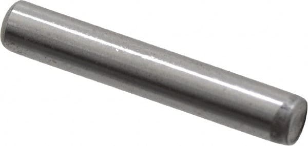 Made in USA - 1/8" Diam x 3/4" Pin Length Grade 8 Alloy Steel Standard Dowel Pin - Bright Finish, C 47-58 & C 60 (Surface) Hardness, 1,840 Lb (Single Shear), 3,680 Lb (Double Shear) Breaking Strength, 1 Beveled & 1 Rounded End - Caliber Tooling