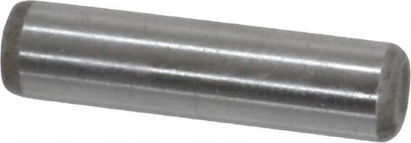 Made in USA - 1/4" Diam x 1" Pin Length Grade 8 Alloy Steel Standard Dowel Pin - Bright Finish, C 47-58 & C 60 (Surface) Hardness, 14,720 Lb (Double Shear), 7,360 Lb (Single Shear) Breaking Strength, 1 Beveled & 1 Rounded End - Caliber Tooling