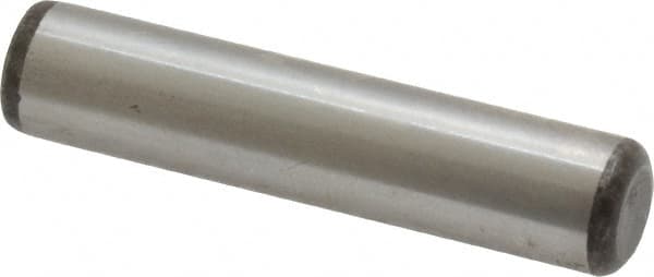 Made in USA - 3/8" Diam x 1-3/4" Pin Length Grade 8 Alloy Steel Standard Dowel Pin - Bright Finish, C 47-58 & C 60 (Surface) Hardness, 16,550 Lb (Single Shear), 33,100 Lb (Double Shear) Breaking Strength, 1 Beveled & 1 Rounded End - Caliber Tooling