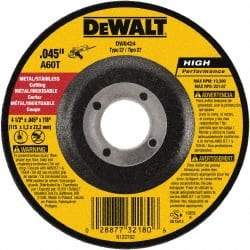 DeWALT - 60 Grit, 4-1/2" Wheel Diam, 7/8" Arbor Hole, Type 27 Depressed Center Wheel - Aluminum Oxide, Resinoid Bond, 13,300 Max RPM - Caliber Tooling