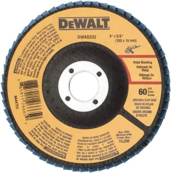 DeWALT - 60 Grit, 4" Disc Diam, 5/8" Center Hole, Type 29 Zirconia Alumina Flap Disc - 15,200 Max RPM, Poly Cotton Backing, Arbor Attaching System, Coated - Caliber Tooling