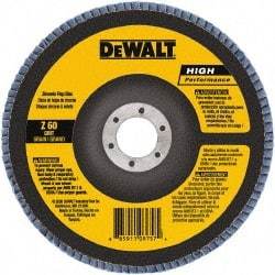 DeWALT - 60 Grit, 7" Disc Diam, 7/8" Center Hole, Type 27 Zirconia Alumina Flap Disc - 8,700 Max RPM, Poly Cotton Backing, Arbor Attaching System, Coated - Caliber Tooling