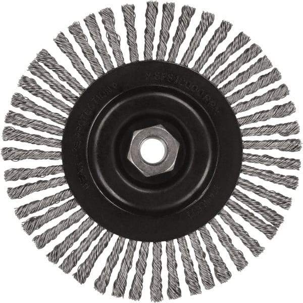 DeWALT - 5" OD, 5/8-11 Arbor Hole, Stringer Bead Stainless Steel Wheel Brush - 3/8" Face Width, 7/8" Trim Length, 0.02" Filament Diam, 12,000 RPM - Caliber Tooling