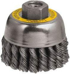 DeWALT - 3" Diam, M10x1.25 Threaded Arbor, Steel Fill Cup Brush - 0.02 Wire Diam, 7/8" Trim Length, 14,000 Max RPM - Caliber Tooling