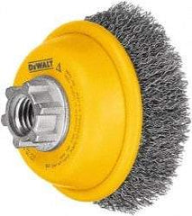 DeWALT - 4" Diam, 5/8-11 Threaded Arbor, Steel Fill Cup Brush - 0.014 Wire Diam, 1-1/8" Trim Length, 9,000 Max RPM - Caliber Tooling